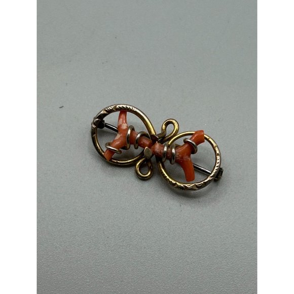 Victorian Antique Coral Pin Brooch Gold Filled Wire Wrapped Design Genuine Coral - Picture 3 of 7